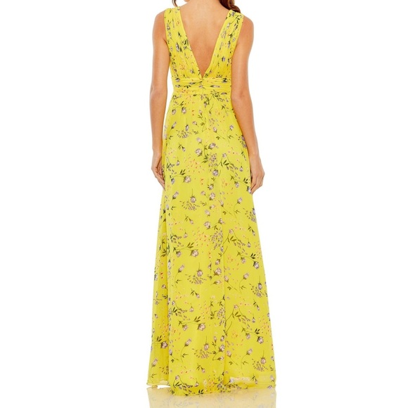 Mac Duggal Long Sleeveless Formal Floral Chiffon Maxi Yellow Dress Size 4 - Picture 2 of 16